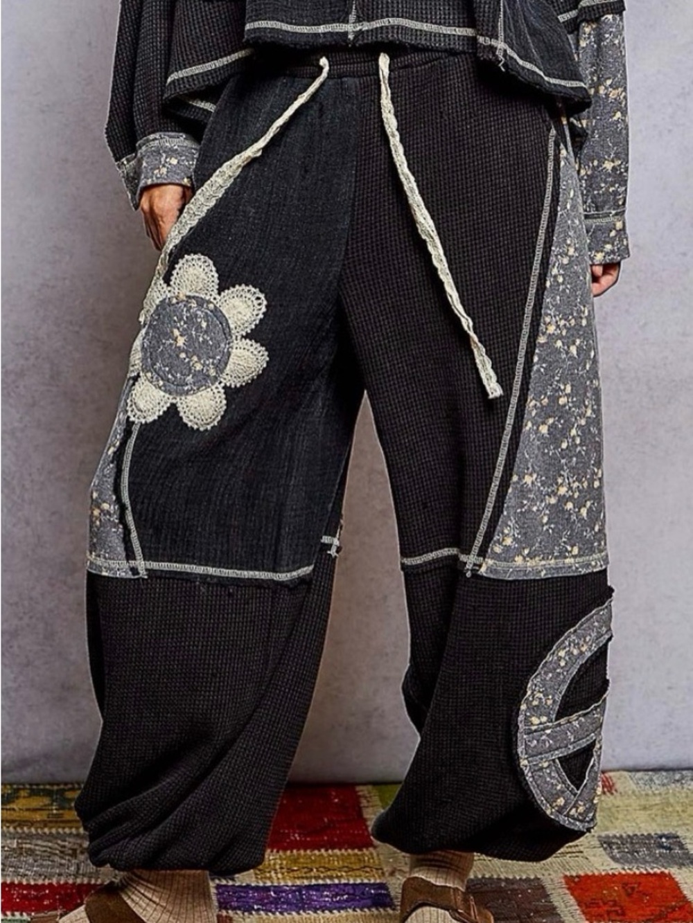 POL Black Patchwork Top with matching Pants with Cream Floral Appliqué